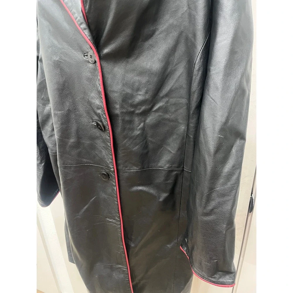 Mens Black Leather Trench Coat Pink Trim‎ Duster Jacket Outerwear Venezia